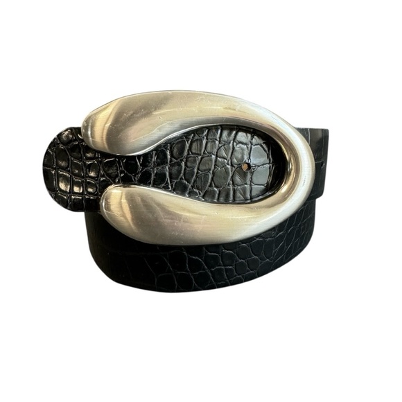 Vintage Y2K Statement Belt Black Croc Embossed Leather Large Silver Tone‎ Buckle main image 5
